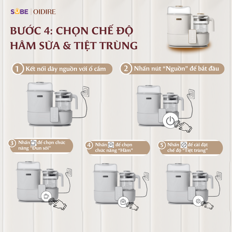 Bước 4: Lựa chọn chế độ hâm sữa và tiệt trùng