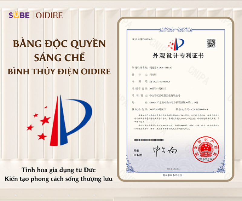 Bình thủy điện OIDIRE được cấp bằng độc quyền sáng chế