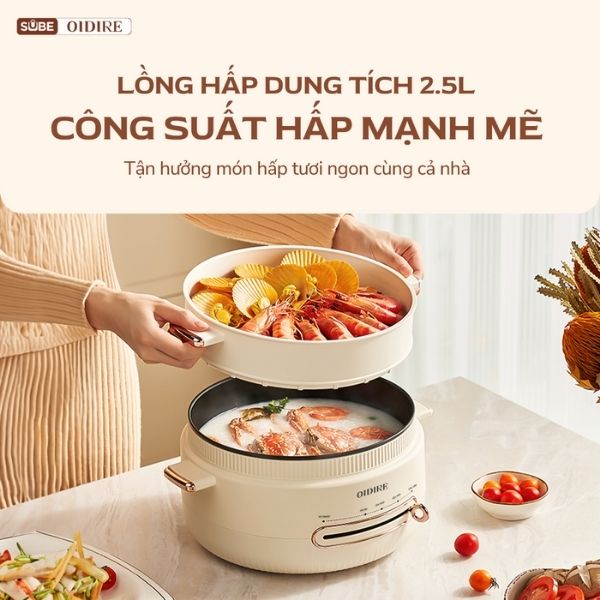 Nồi lẩu kết hợp lồng hấp đa năng với công suất mạnh mẽ